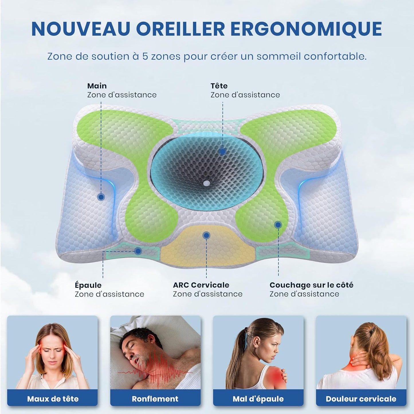🌙 Oreiller Ergonomique à Mémoire de Forme